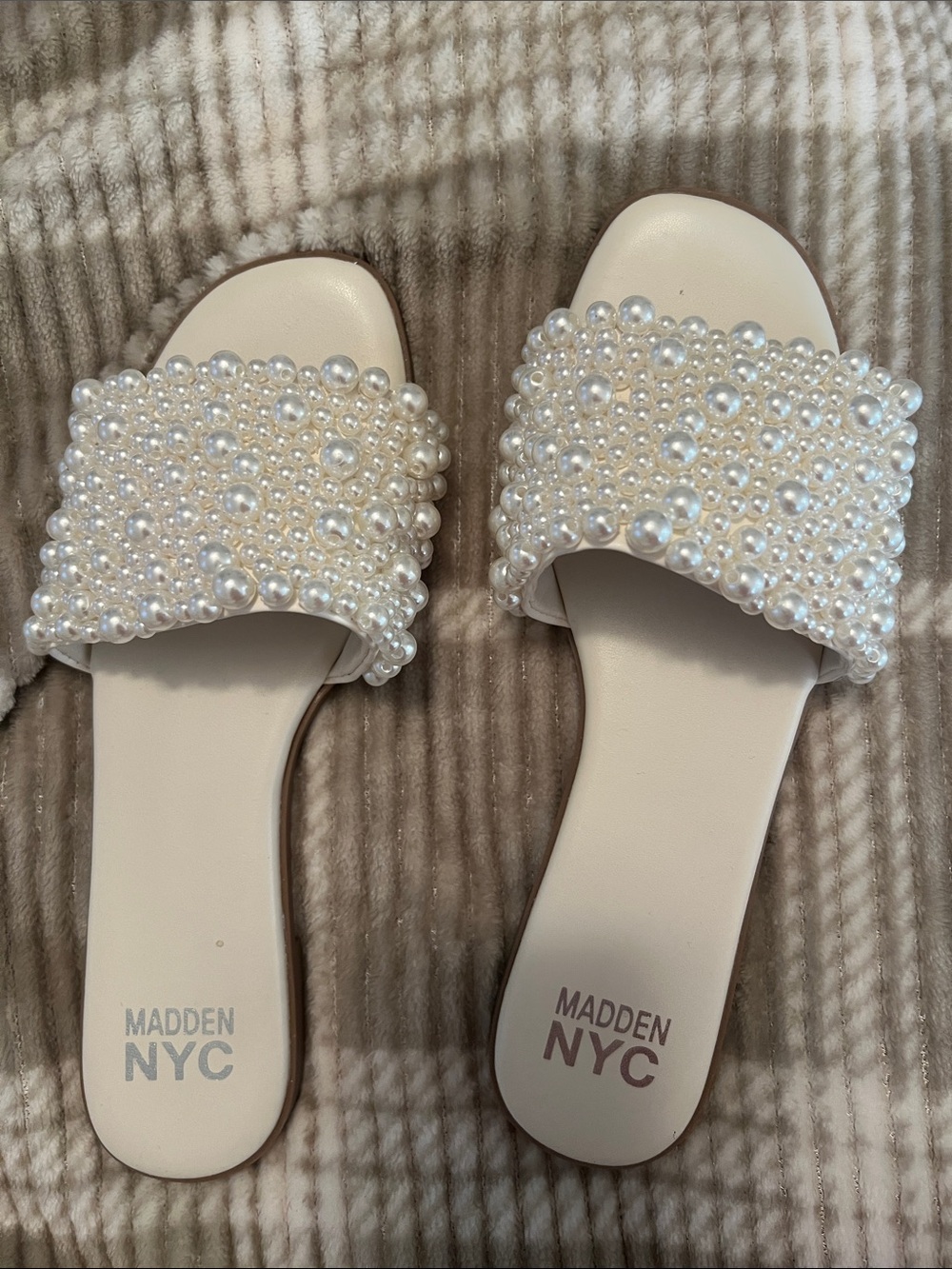 Women's Pearl-Embellished Cream Slide Sandals